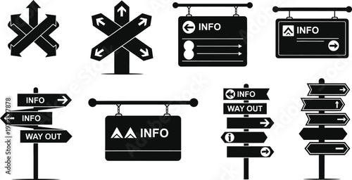 Information sign icons set with arrows wayfinding and direction boards
