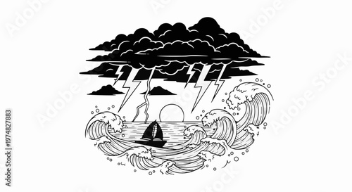 Dramatic stormy seas with lightning striking, a sailboat battling waves