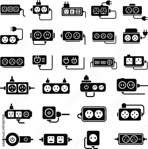 Set of black icons depicting various electrical power strips and socket extension cords
