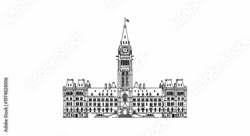 Ornate facade with central clock tower and flying flag, intricate Gothic-style building