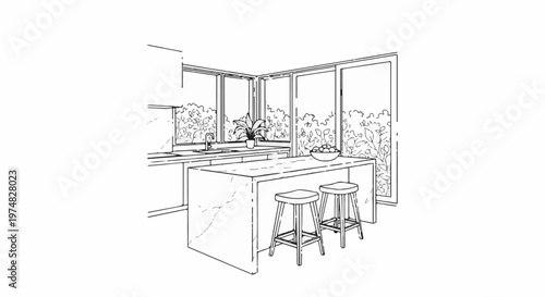 Modern kitchen with marble island, stools, and plants visible through windows