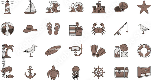 Brown beach icons set including sea creatures and nautical symbols