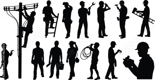 construction workers silhouettes set vector illustration industrial labor team tools electrician technician builder maintenance service people collection icons design