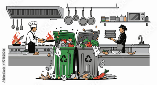 Messy professional kitchen with chefs and overflowing bins