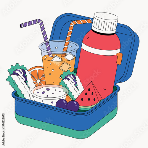 a colorful lunch box with sandwiches, fruits, juice, and drinks, clean outline style, minimal design