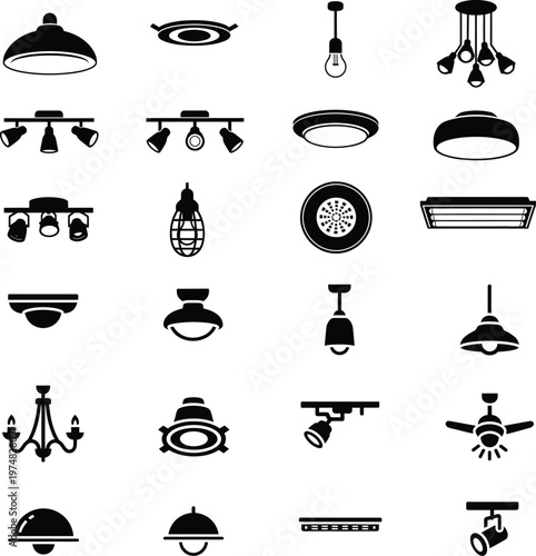 Collection of lighting fixtures and ceiling lamp icons in flat black style with lighting, interior