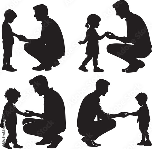 Father and Child Interaction Silhouette Set with Parenting, Care and Bonding Moments