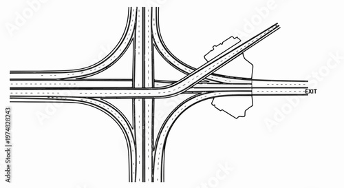 Black and white illustration of a complex, multi-level highway interchange