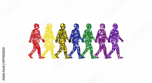 Seven colorful silhouettes of people holding hands and walking together