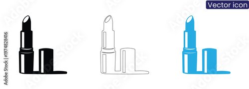 Lipstick icons in black, Line art, And blue on white background for makeup and cosmetics design