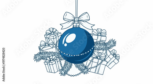 Blue ornament hangs with gifts and pine boughs, festive celebration