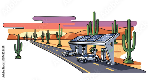 Electric vehicle charging station in desert landscape with cacti at sunset