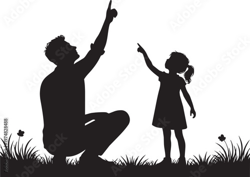 Father and Daughter Pointing Silhouette with Nature Scene and Family Bonding Moment