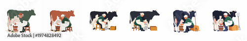 Set of flat vector illustrations depicting milkmaids milking cows by hand into wooden buckets in a rustic agricultural farm scene.