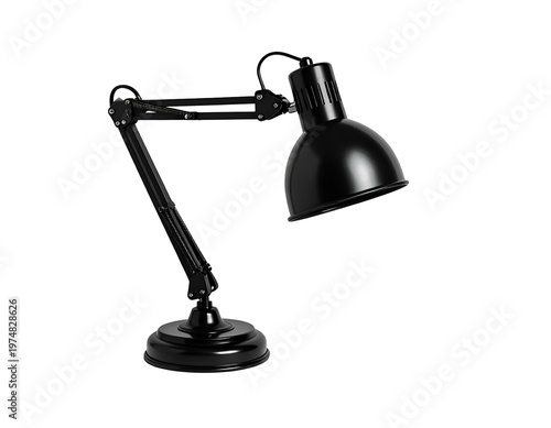 Black adjustable desk lamp with articulated arm on white background