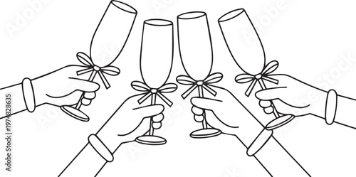 Four hands clinking wine glasses with decorative ribbons in a celebratory toast