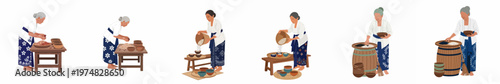 Flat illustration set of traditional Indonesian women in kebaya and sarong preparing grains, sorting beans, and pouring rice in rural village style.