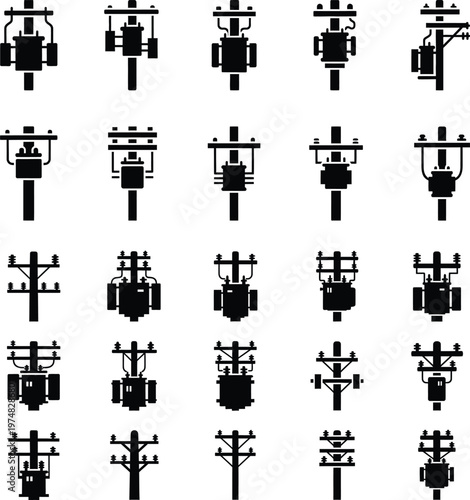 Set of electricity distribution transformer icons with transformer electricity electrical