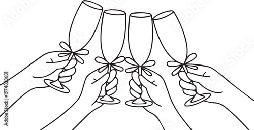 Four hands clinking wine glasses in a celebratory toast with decorative bows