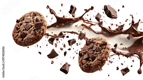 Chocolate cookies and chunks splashing into milk on transparent background