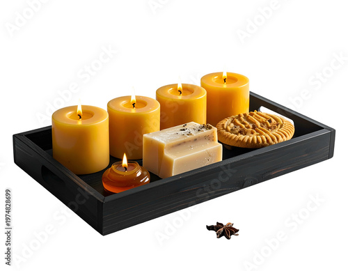 Warm glow of spa candles, soap, and cookie on tray