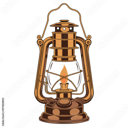 a vintage oil lantern with glowing flame, detailed metal frame, warm colors