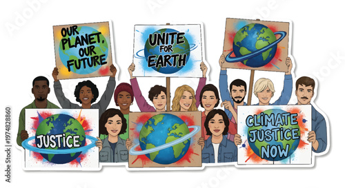 Diverse group of people holding climate change and justice signs