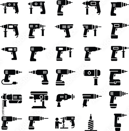 Collection of power drill hand tool icons with powerdrill construction hardware electric