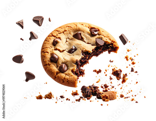 A delicious, partially eaten chocolate chip cookie bursts apart