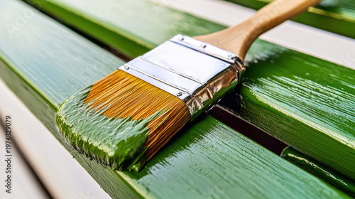 Wallpaper Mural Green paint brush close up on wooden garden furniture with fresh glossy coating and natural light Torontodigital.ca