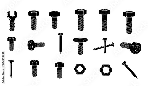 A set of black and white vector graphic bolts and screws