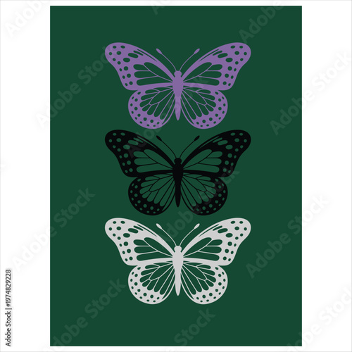 Purple and white butterfly wing patterns on green background