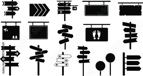 Signpost and information board icons set with arrows and directions