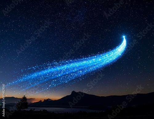 A starlit evening scene with a bright, glowing trail arcing across the night sky, above a silhouetted landscape