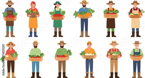Happy Farmers Holding Baskets Of Fresh Vegetables Vector Set Featuring Agricultural Workers For Local Organic Farming Market And Healthy Food Graphic Designs