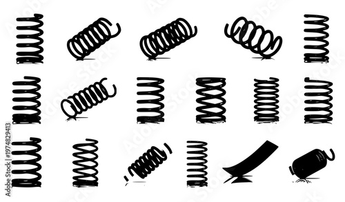 A set of black and white vector illustrations of various springs