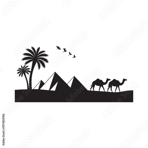 Silhouette of camels pyramids palm trees and birds against a white background