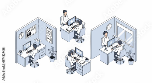 Isometric Illustration of a Modern Call Center Office with Customer Support Representatives Working at Desks in Cubicles