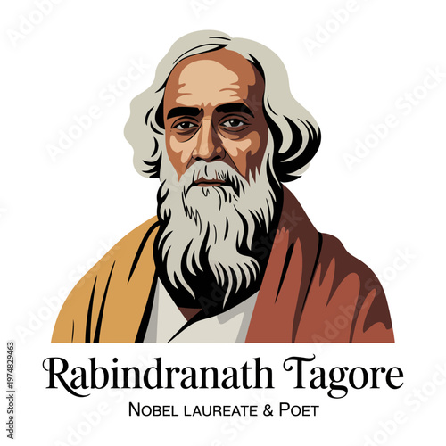 Rabindranath Tagore Portrait Indian Poet and Nobel Laureate Illustration, Rabindra Jayanti