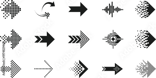 Arrow Icon Vector Set with Digital, Dotted, Gradient, and Geometric Directional Designs for Navigation, Technology, and Graphic Design Projects