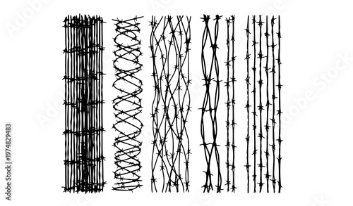 A vector graphic illustration of various barbed wire designs on a white background