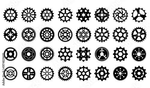 A set of black gear icons on a white background