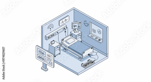 Isometric Hospital Patient Room Illustration with Medical Monitors and Healthcare Technology