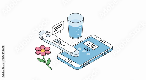 Isometric Digital Health Illustration with Smartphone, Diagnostic Device, and Hydration Tracking