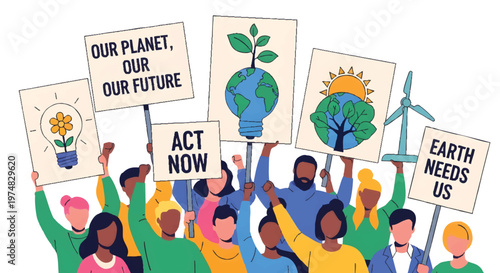 Diverse group of people holding eco-friendly protest signs