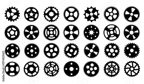 A set of black gear icons on a white background