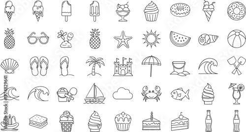 Summer vacation icons set including food beach and drink symbols