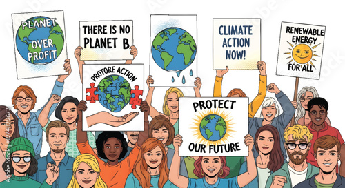 Diverse group of people holding climate change protest signs
