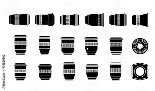A set of black and white camera lens icons in various designs