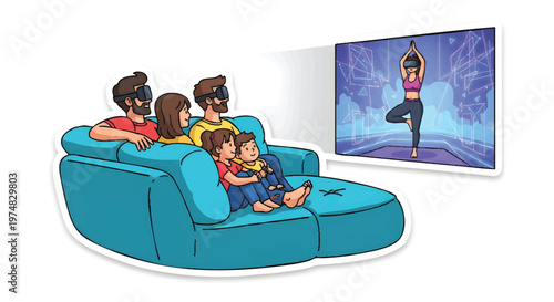 Family watching yoga on television together at home
